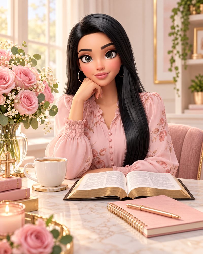 Personagem da autora sentada à mesa com a Bíblia e rosas