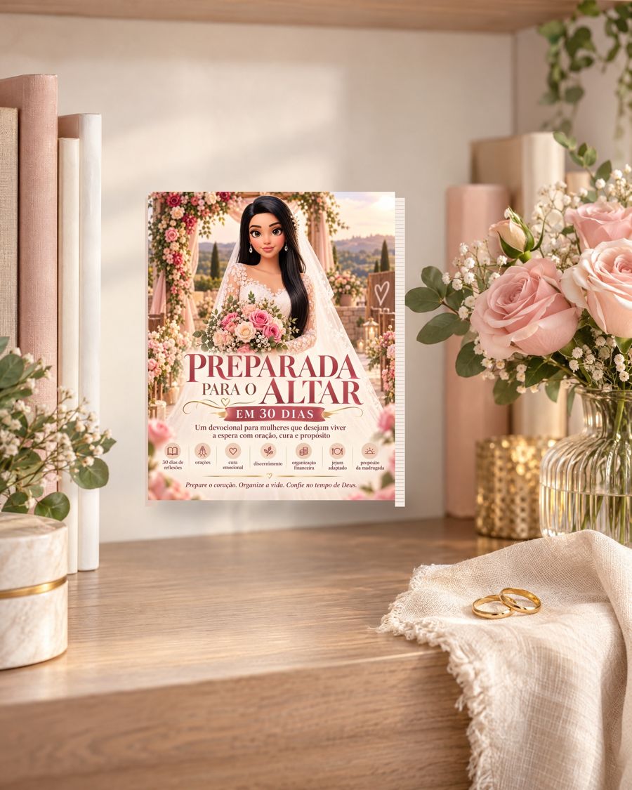 Mockup do livro Preparada para o Altar em uma estante com rosas e alianças